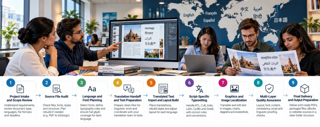 Multilingual DTP workflow in a modern office with designers laying out documents on computers
